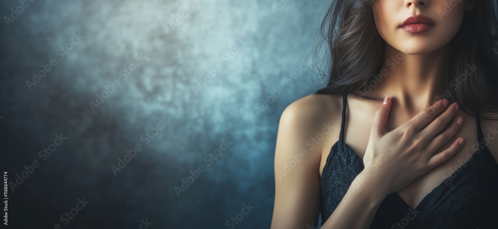 Elegant woman in black lace top, soft lighting, intimate pose, showcasing beauty and grace, with a textured blue background, copy space for text Elegant woman in black lace top, soft lighting, intimate pose, showcasing beauty and grace, with a textured blue background, copy space for text