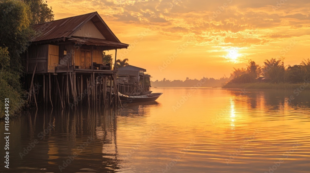 Fototapeta premium A traditional Thai stilt house by a calm river during sunset, with reflections of the orange sky shimmering on the water surface.