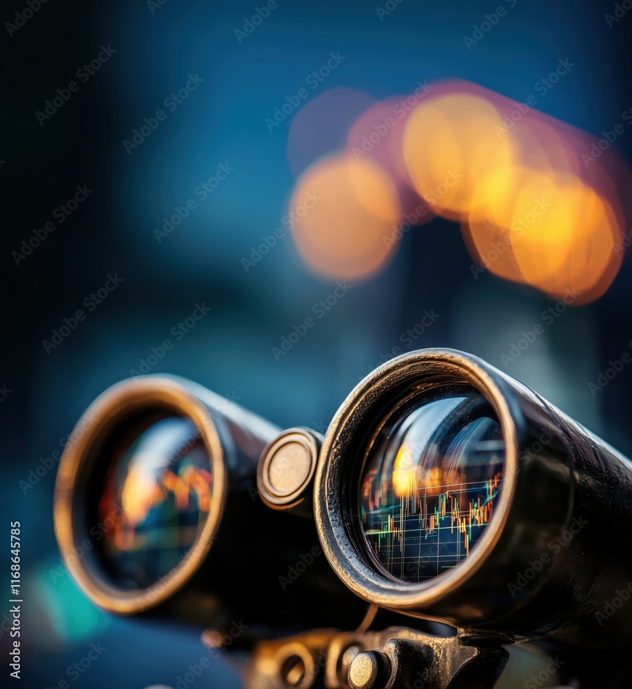 Binoculars with stock market graphs reflecting in lenses, showcasing financial analysis and investment insights, copy space for text Binoculars with stock market graphs reflecting in lenses, showcasing financial analysis and investment insights, copy space for text