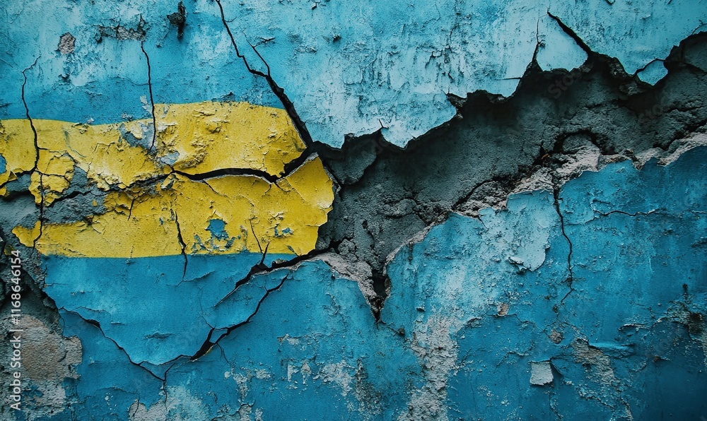 Obraz premium Cracked Wall with Remnants of Yellow and Blue Paint: A Symbol of Decay and Resilience