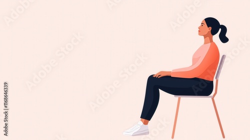 A flat graphic illustration of a woman seated on a chair with an upright posture, wearing a peach-colored top and dark pants, set against a clean light beige background, with copy space.