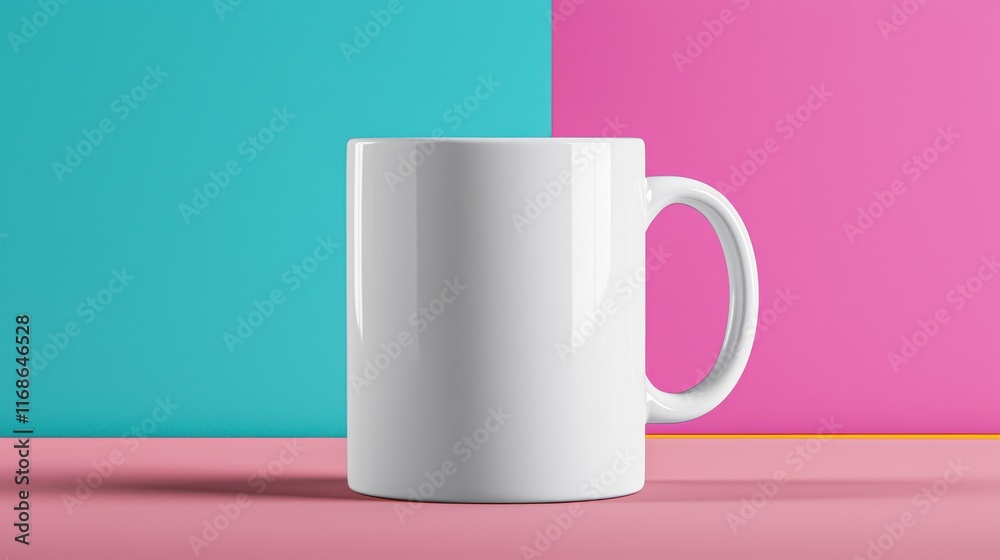 Blank White Coffee Mug on Colorful Pink and Blue Background Blank White Coffee Mug on Colorful Pink and Blue Background