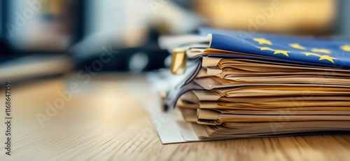 European Union documents stacked on wooden desk, showcasing official papers and folders with EU flag, symbolizing bureaucracy and governance, copy space for text