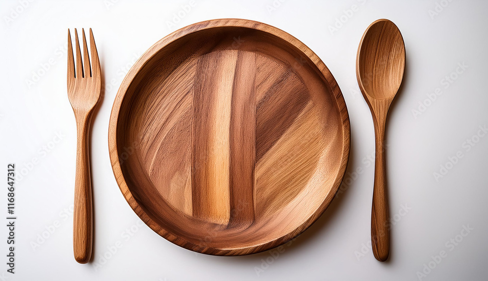 Rustic wooden plate with smooth edges, natural wood grain, paired with a wooden fork and spoon, minimalistic design, isolated on a white background Rustic wooden plate with smooth edges, natural wood grain, paired with a wooden fork and spoon, minimalistic design, isolated on a white background