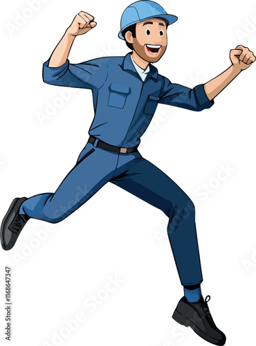 Happy construction worker jumping and celebrating success with fists raised