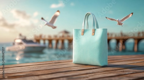 Coastal tote bag mockup by the seaside pier. Generative AI photo