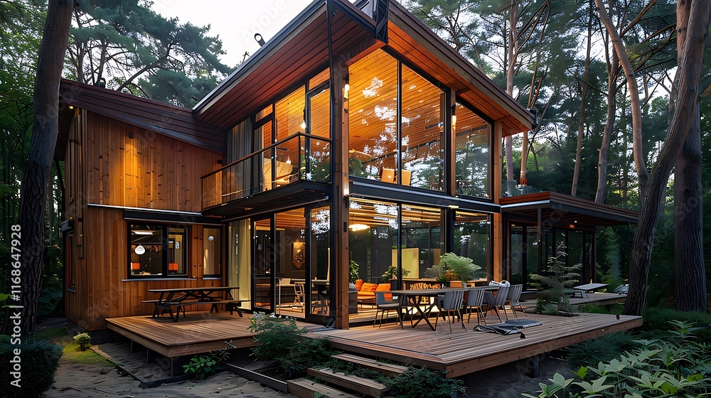 Modern glass and wood house in forest at dusk. Modern glass and wood house in forest at dusk.