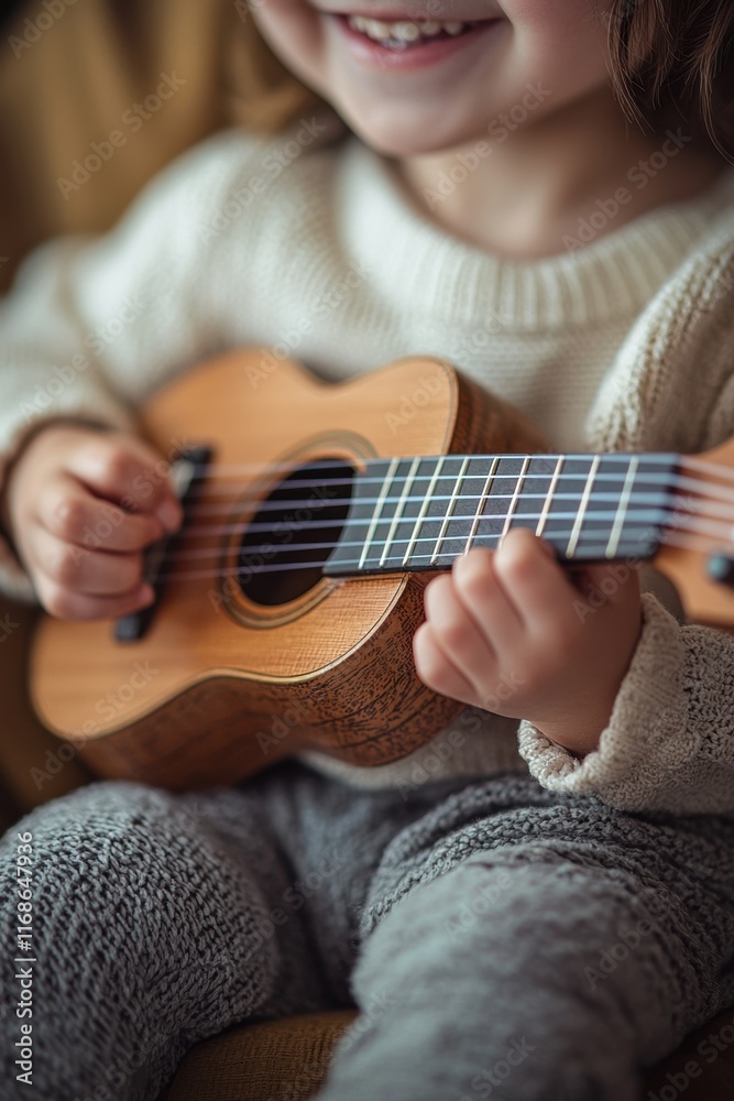 Fototapeta premium Child happily playing ukulele indoors wearing cozy sweater