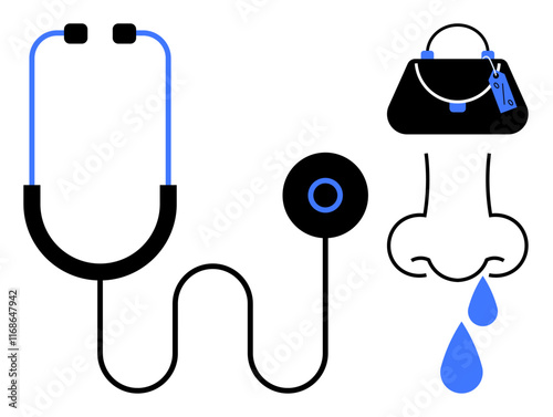 Stethoscope, a nose with teardrops, and a handbag with a tag. Ideal for healthcare, wellness, allergies, medical advice, primary care personal hygiene lifestyle topics. Abstract line flat metaphor