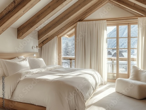 Luxurious mountain chalet bedroom with stunning winter view