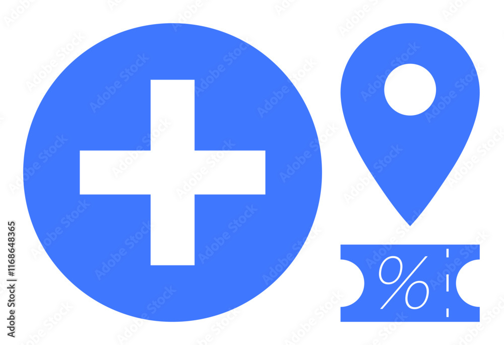 Blue medical cross inside a circle, location pin symbol, and discount ticket icon with percentage sign. Ideal for healthcare, navigation, discounts, promotions, marketing, location-based services Blue medical cross inside a circle, location pin symbol, and discount ticket icon with percentage sign. Ideal for healthcare, navigation, discounts, promotions, marketing, location-based services