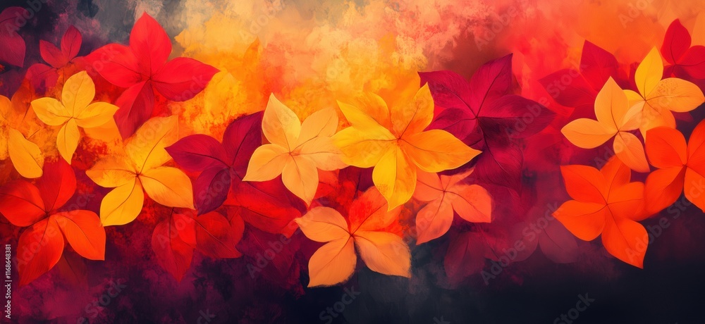 Vibrant Autumn Leaves Displaying Rich Colors of Red, Orange, Yellow Against a Warm Background, copy space for text Vibrant Autumn Leaves Displaying Rich Colors of Red, Orange, Yellow Against a Warm Background, copy space for text