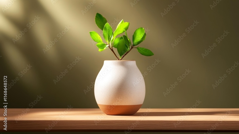 custom made wallpaper toronto digitalMinimalist ceramic vase with green leaves. Generative AI