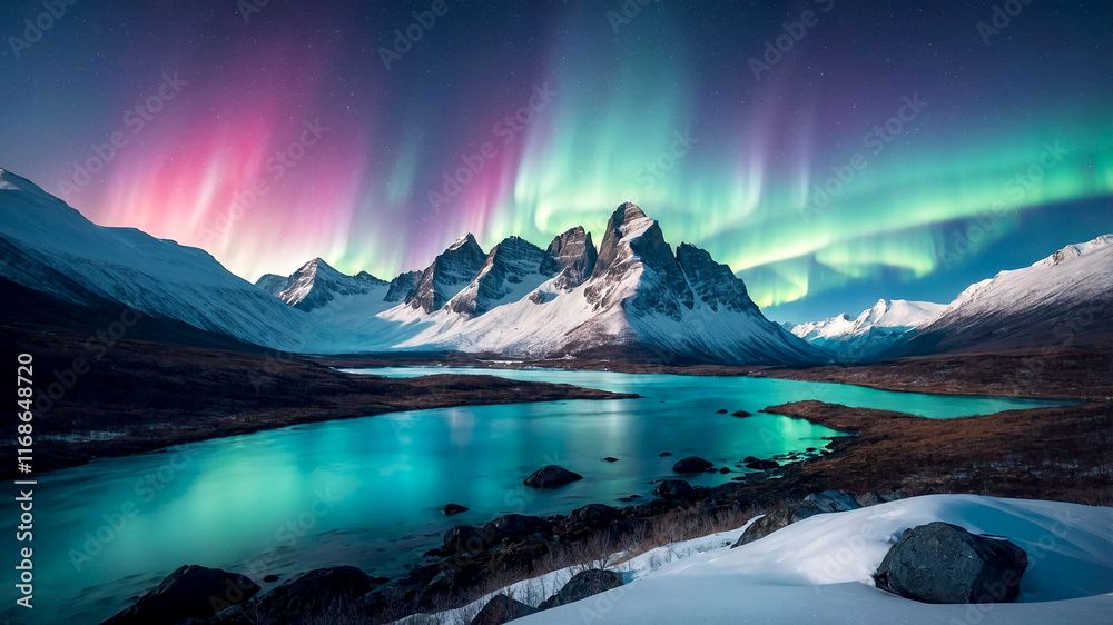 Obraz premium Winter Mountains Under the Aurora Borealis with a Stunning Blue Sky