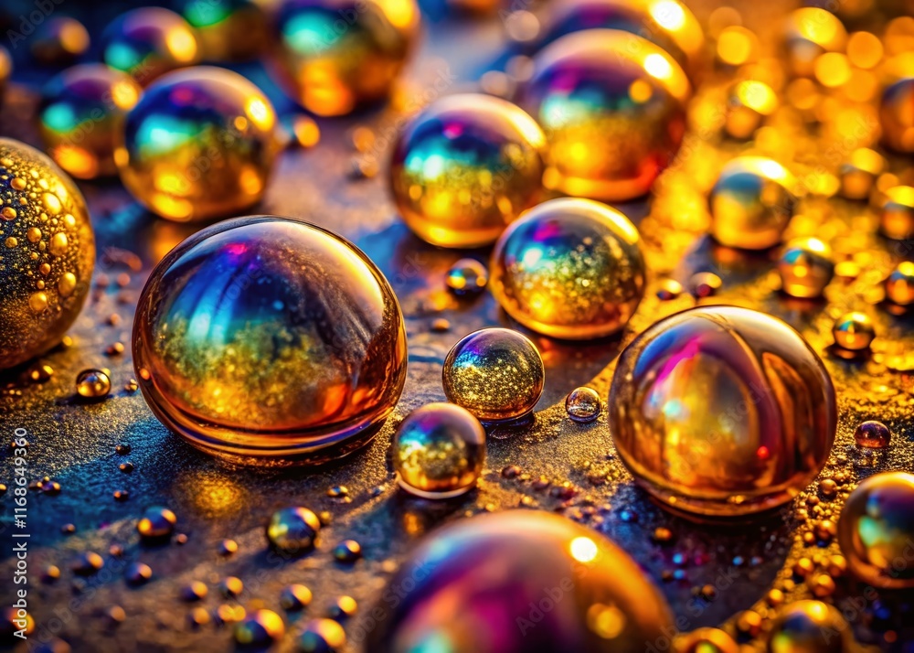 Naklejka premium Glistening Golden Oil Bubbles on Urban Decay Surface - Abstract Wallpaper