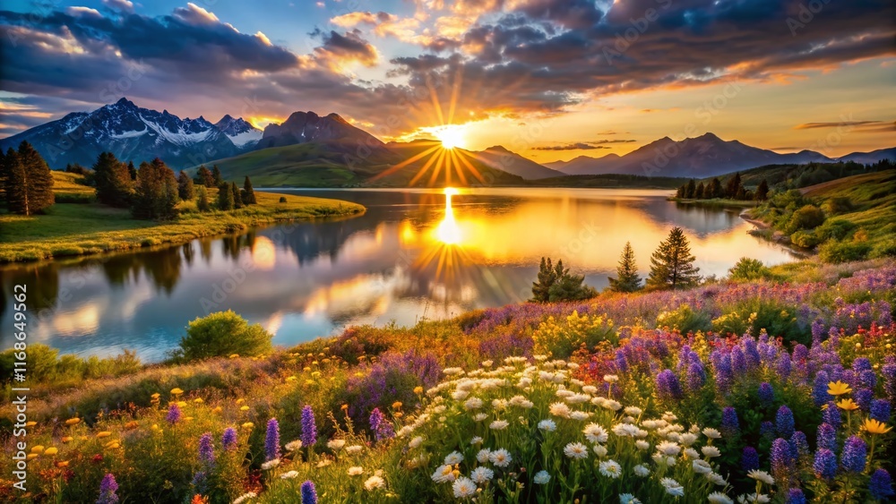 Fototapeta premium Aerial View of Serene Lake Surrounded by Vibrant Wildflowers at Sunset