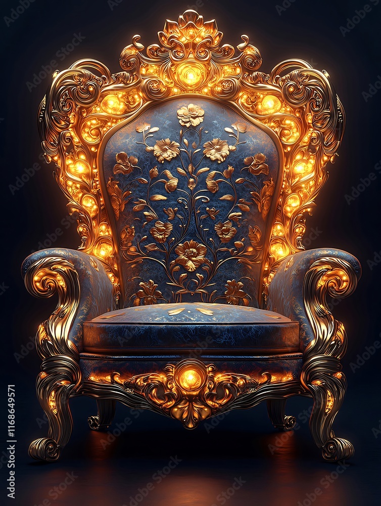 Ornate gold throne with illuminated details and blue velvet upholstery. Ornate gold throne with illuminated details and blue velvet upholstery.