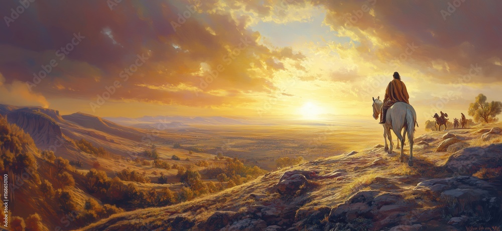 Majestic sunset over vast landscape with horse rider and companions, golden hues illuminating rolling hills and valleys, serene atmosphere, copy space for text Majestic sunset over vast landscape with horse rider and companions, golden hues illuminating rolling hills and valleys, serene atmosphere, copy space for text