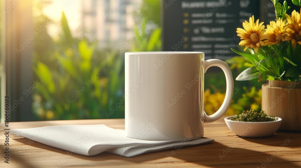 Coffee mug mockup in cafe setting. Generative AI Coffee mug mockup in cafe setting. Generative AI
