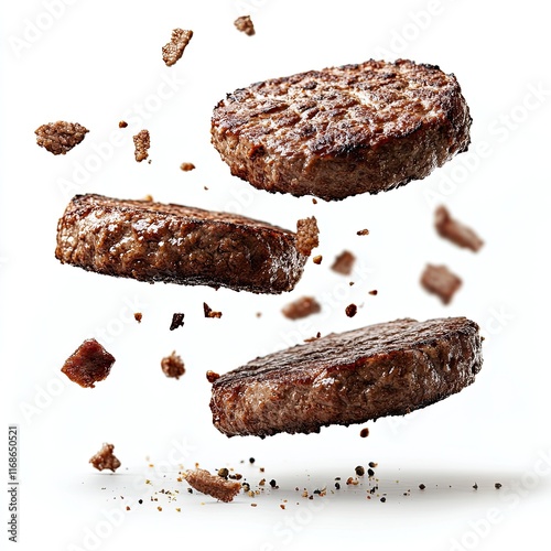 Falling grilled hamburger meat falling isolated on white background 