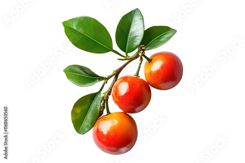 Fresh red guava berries or camu camu with green leaves isolated on white transparent background. Concept of healthy food. photo