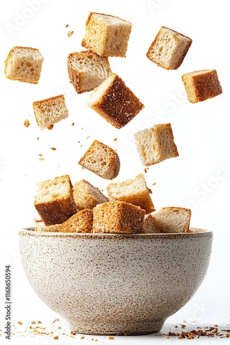 Falling pieces of bread landing in a soup bowl isolated on white background  photo