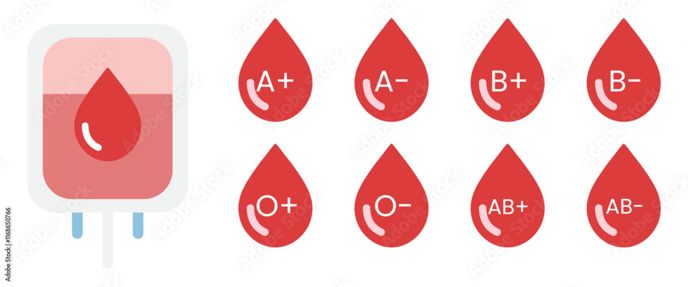 Blood types. Blood drop bag. Red blood group icons. Blood donation concept. Vector illustration