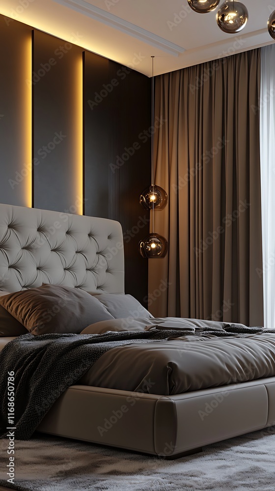 Luxurious Modern Bedroom with Elegant Lighting and Textured Fabrics Luxurious Modern Bedroom with Elegant Lighting and Textured Fabrics