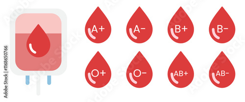 Blood types. Blood drop bag. Red blood group icons. Blood donation concept. Vector illustration