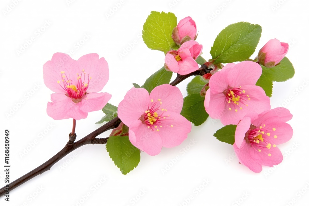 Obraz premium Delicate Pink Flowers with Green Leaves Isolated on White Background