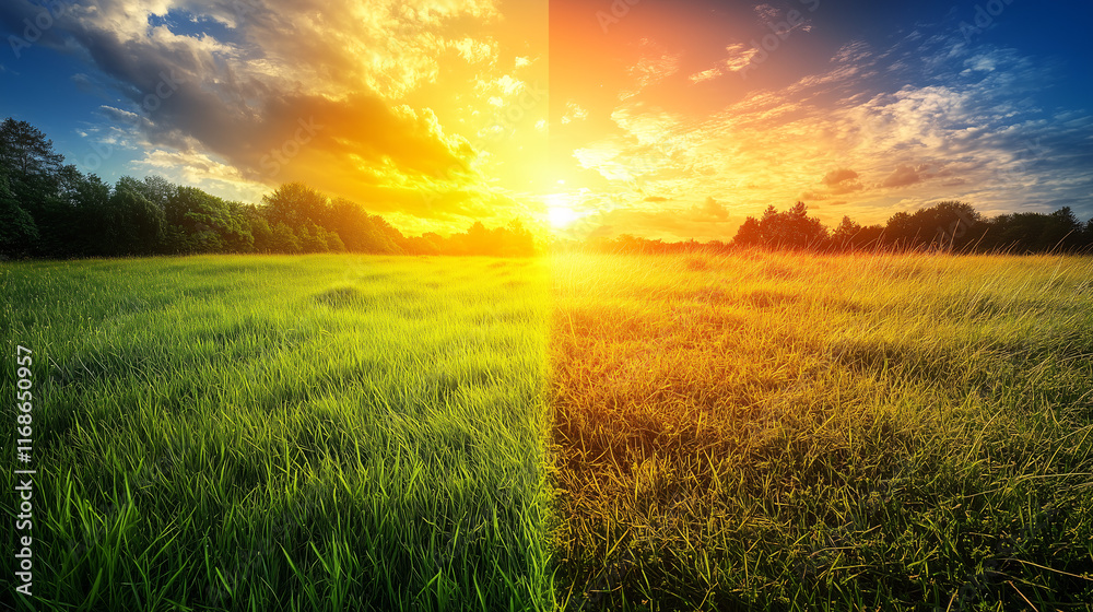 Campo dividido entre atardecer cálido y día soleado como símbolo del cambio climático Campo dividido entre atardecer cálido y día soleado como símbolo del cambio climático