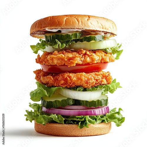 Falling slices of onion, lettuce, tomato, zinger chicken slice landing on a burger isolated on white background  photo