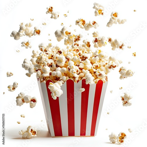 popcorn flying out of red white striped paper box isolated on white background 