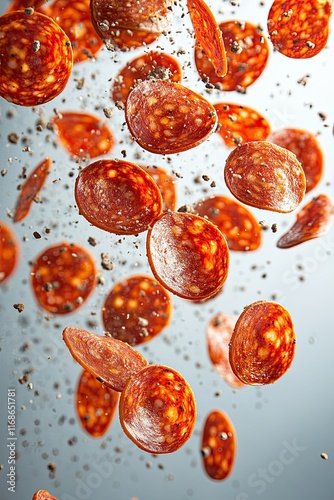 Sizzling slices of pepperoni falling isolated on white background  photo