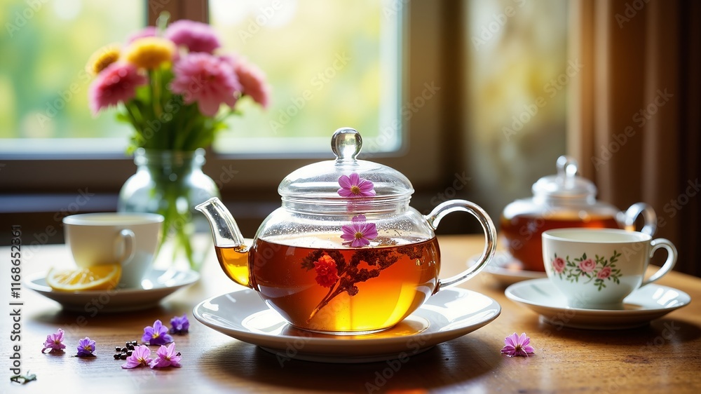 A table with a teapot, cups, and flowers. The teapot is on a white plate and the cups are on a saucer. The flowers are in vases and there is a lemon on the table A table with a teapot, cups, and flowers. The teapot is on a white plate and the cups are on a saucer. The flowers are in vases and there is a lemon on the table