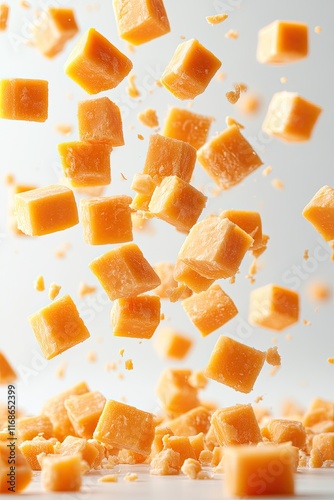 Falling cheddar cheese cubes scattering isolated on white background  photo