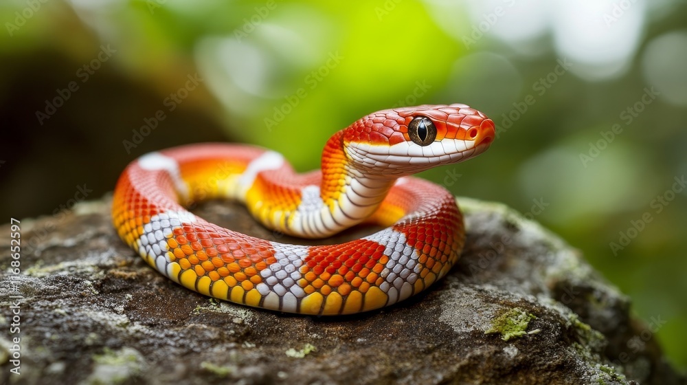 Vibrant Small Snake in Natural Habitat - Focus on Rock with Blurred Forest Background Vibrant Small Snake in Natural Habitat - Focus on Rock with Blurred Forest Background