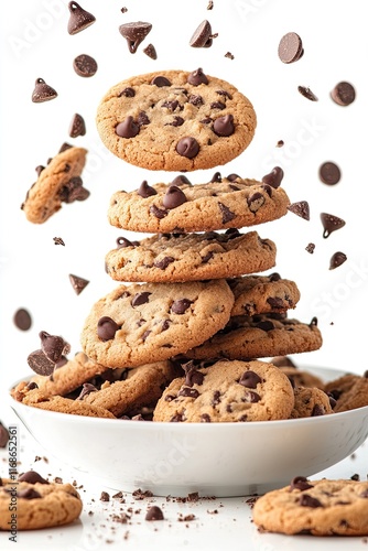 Falling chocolate chip cookies landing on a plate isolated on white background  photo