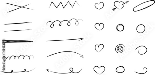 Chalk scribble doodle arrow, line elements set. Crayon arrow, underline, handwritten mark check. Rough hand drawn marker sketch with brush grunge texture. Hand drawn doodle brush lines vector image.