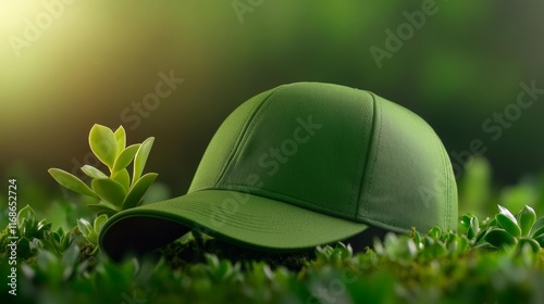 Green cap with succulent plant on a soft verdant background. Generative AI