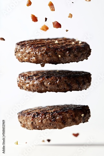 Falling grilled hamburger meat falling isolated on white background 