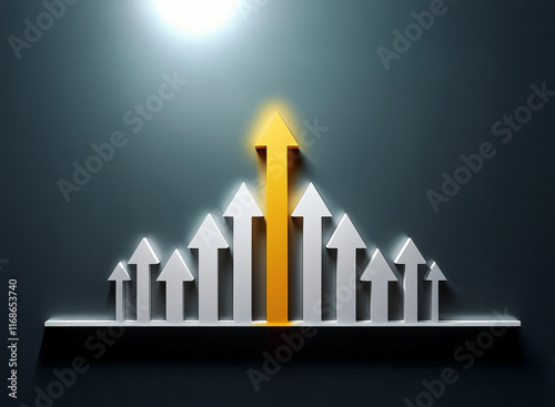 A bright gold arrow ascends above several silver arrows, symbolizing leadership and exceeding expectations.  The scene is set against a dark, metallic backdrop. photo