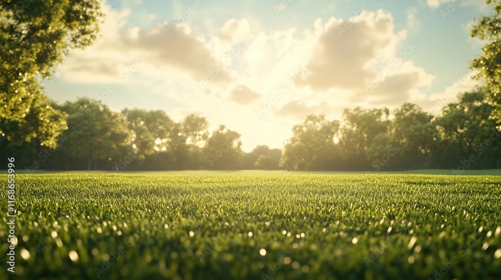 Fototapeta premium Tranquil Green Landscape with Lush Grass Under a Bright Blue Sky and Soft Clouds
