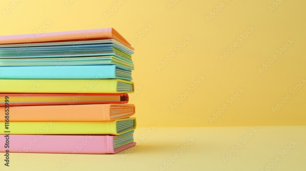 A stack of colorful binders on a yellow background. A stack of colorful binders on a yellow background.