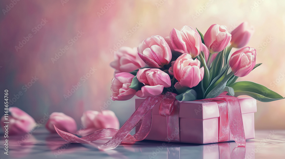 Obraz premium Pink tulips in a gift box with ribbon on a pastel background
