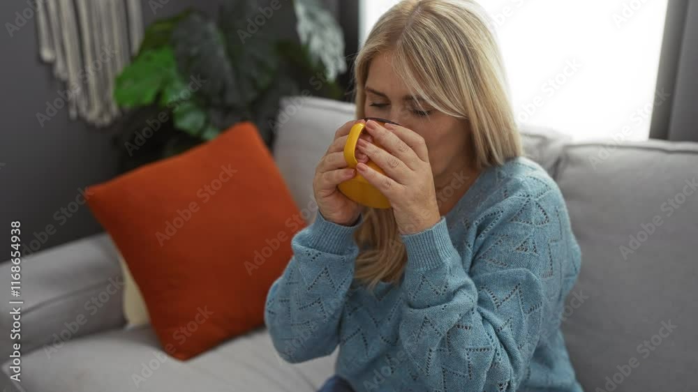 Woman enjoying coffee in cozy living room with blue sweater and orange pillow, embracing warmth and relaxation at home.