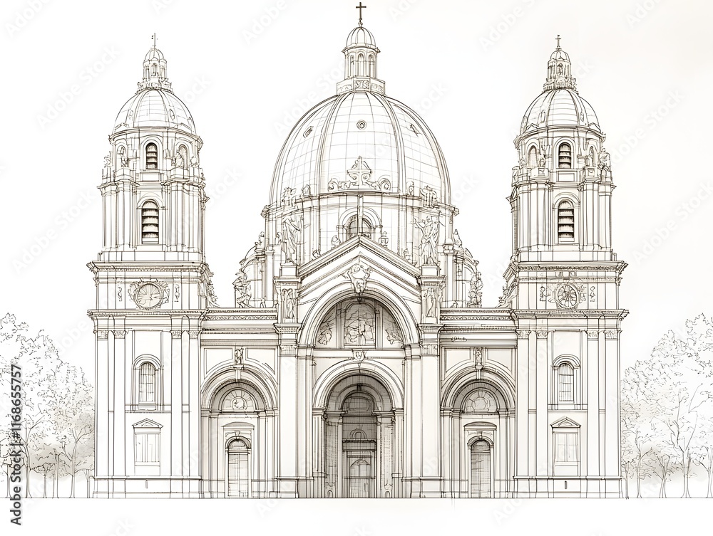 Minimalist Architectural Outline of a Historic Cathedral with Spires Domes and Arches on a Clean Background Minimalist Architectural Outline of a Historic Cathedral with Spires Domes and Arches on a Clean Background