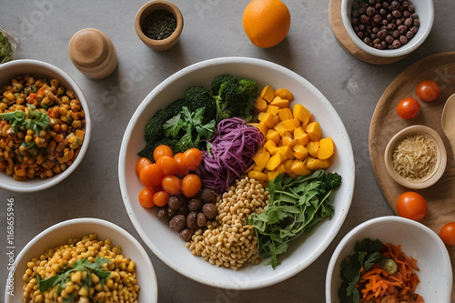 Nutrient-rich meal with chickpeas, broccoli, carrots and red cabbage. photo