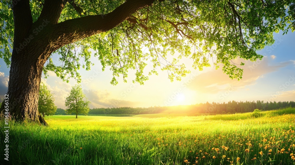 Tranquil Landscape with Majestic Tree and Sunlight in a Serene Green Field Tranquil Landscape with Majestic Tree and Sunlight in a Serene Green Field