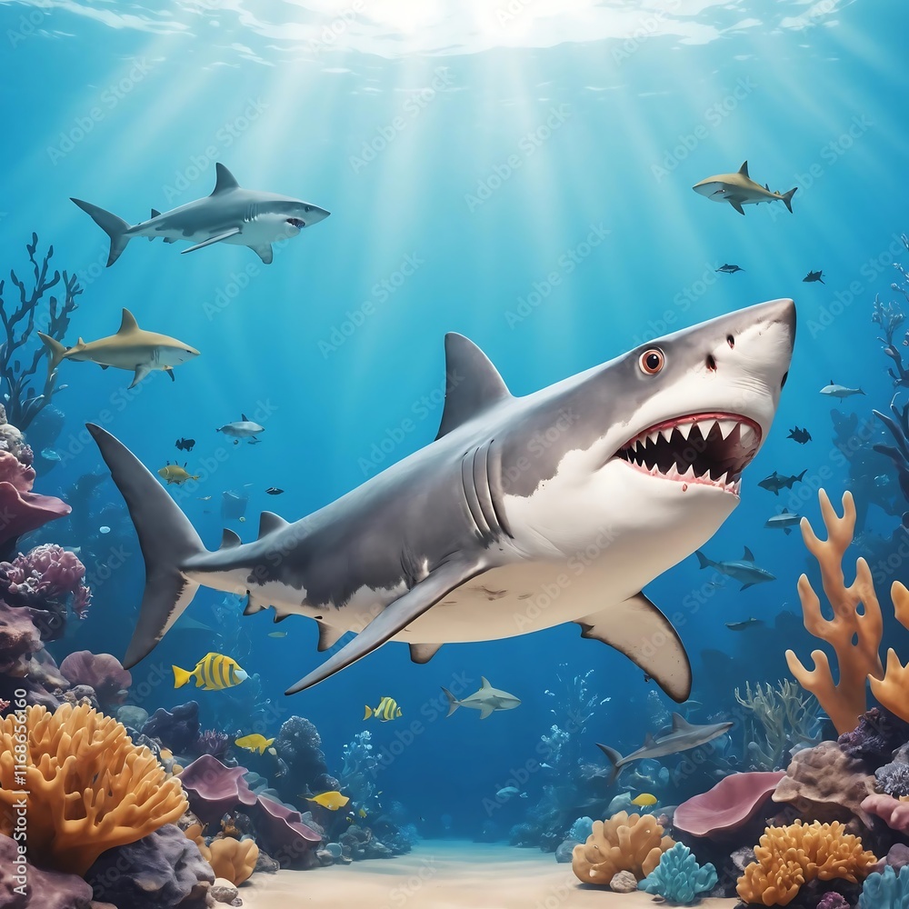 Obraz premium Majestic Great White Shark in a Vibrant Coral Reef